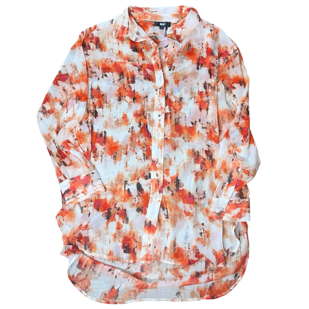 DKNY Sheer Orange/Brown/Pink/White Long Sleeve Button Down Blouse, Women’s M